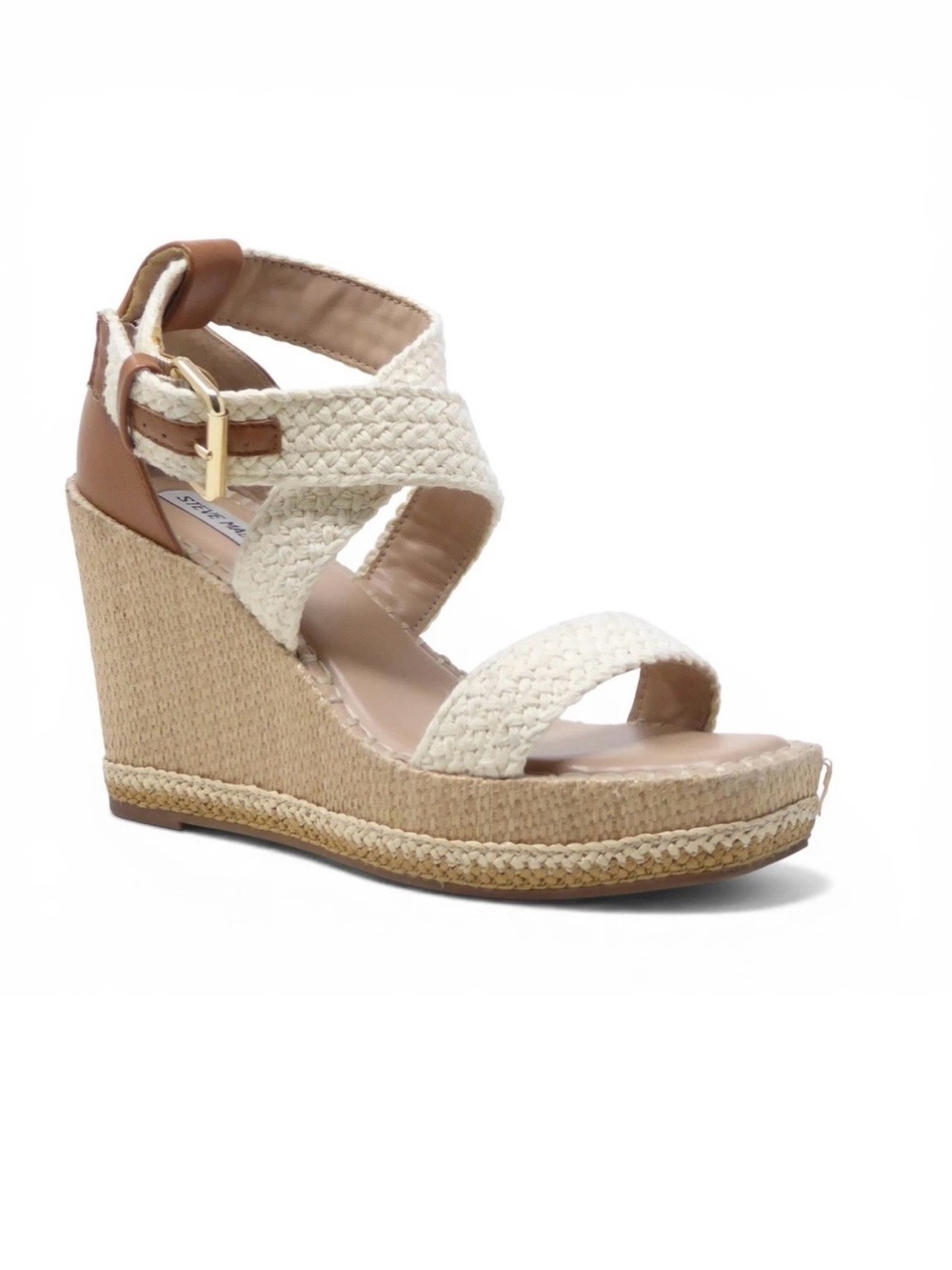 Steve Madden Womens Cali Wedge Sandals Beige Woven Espadrille Platform Size 7